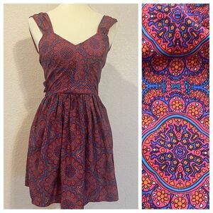 Band of Gypsies Boho Paisley Open Tie Back XS Pink Blue Fit Flare Print Dress